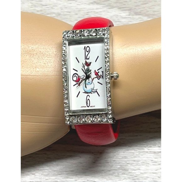 JB Womens Cuff Watch Bracelet Christmas Snowman with Birds Rhinestones - Picture 11 of 11